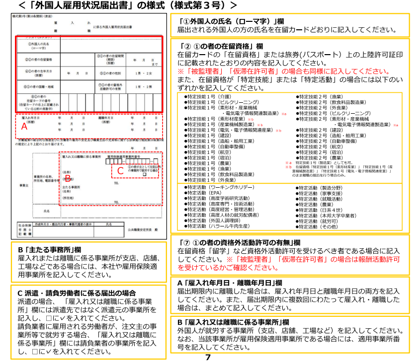 「外国人雇用状況届出書」の様式（様式第3号）