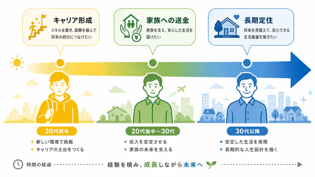 年齢が上がるにつれて来日動機はどう変わるか
