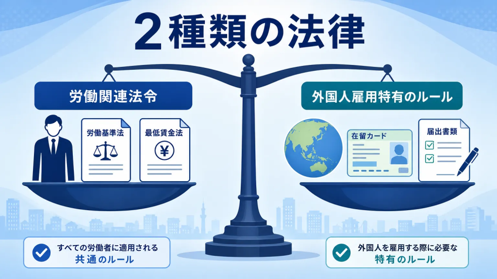 外国人雇用で守るべき法律・ルールは大きく2種類ある
