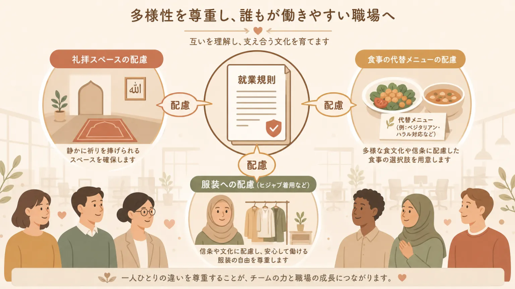 外国人従業員に対応した就業規則の整備ポイント②：宗教・文化への配慮規定
