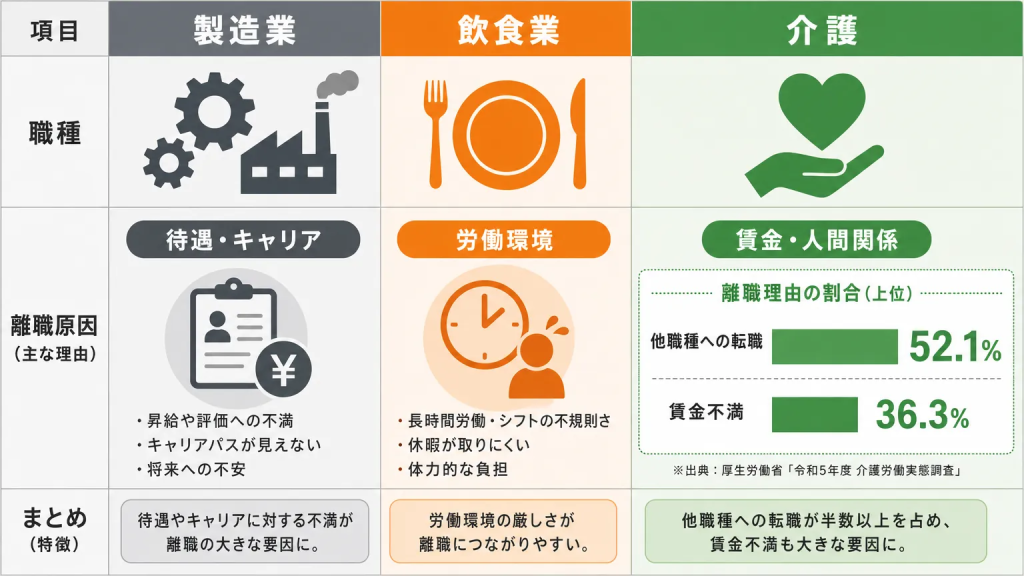 職種別に見る離職原因の違い|製造・飲食・介護の比較